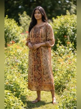 Zara Womens Caftan Midi Dress Size Small Paisley Like Print Orange Rust Boho